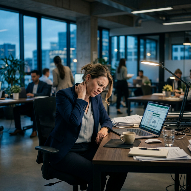 Stressed employee at desk experiencing presenteeism in corporate office
